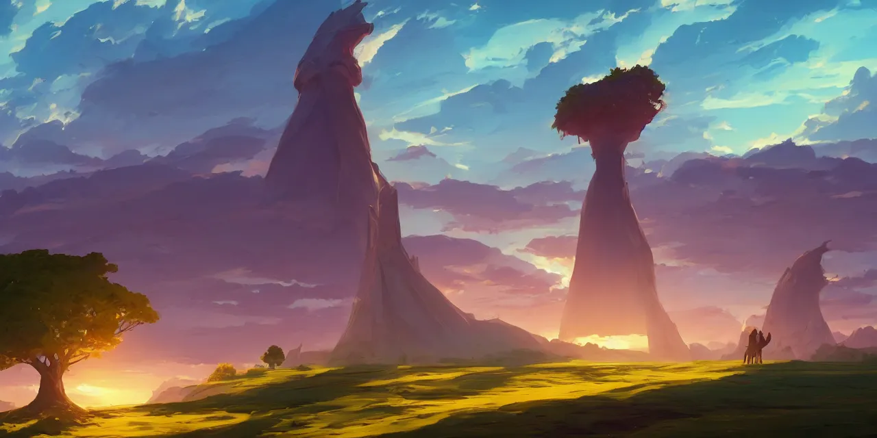 Prompt: twilight on a blue desert, organic tower in the middle distance, green tinged sky with a red sun, official fanart behance hd artstation by jesper ejsing, by rhads, makoto shinkai and lois van baarle, ilya kuvshinov, ossdraws