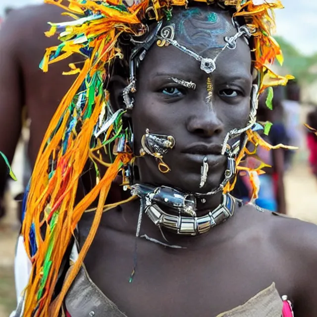 Prompt: a beautiful cyborg made of african ceremonial maske