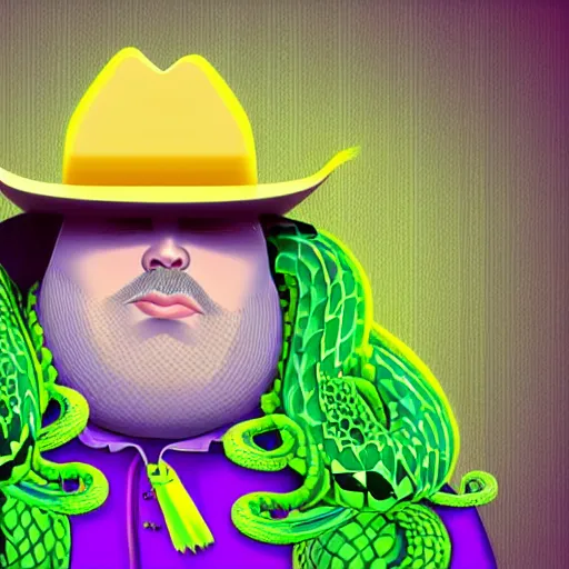 Image similar to hyperreal morbidly obese 2000kilo snake oil salesman wearing authentic purple green sip tech cowboy augmentation and curly snake moustache, fat man standing in front of blank background