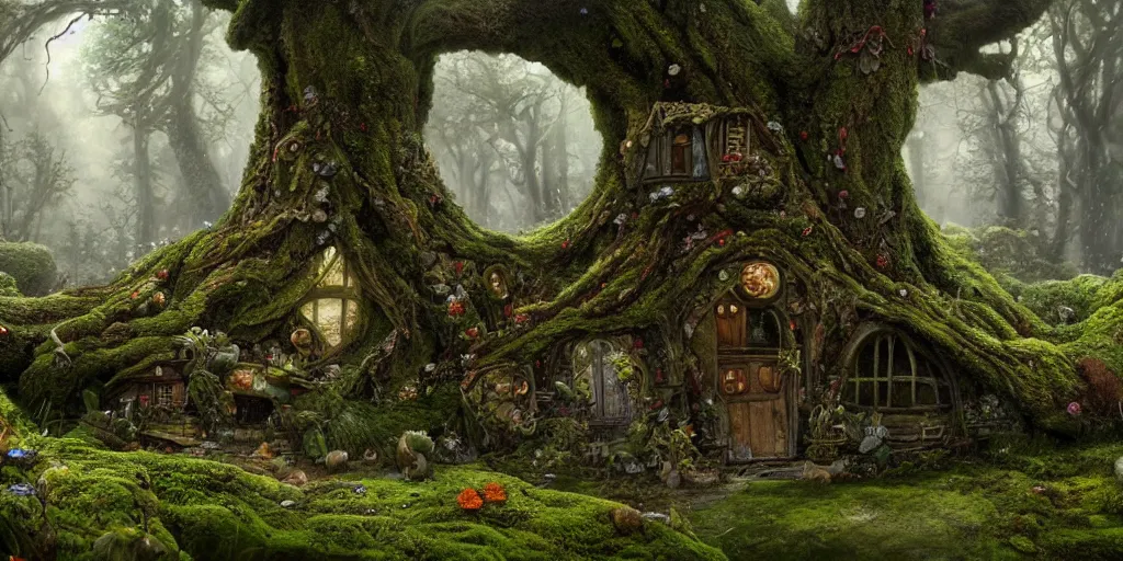 Image similar to a photorealistic cg render of huge old twisted tree with tiny mossy hobbit houses built into it, covered in moss, flowers and mushrooms, hints of peter mohrbacher, georges remi, albert uderzo, super - realistic, insanely intricate and detailed, atmospheric, volumetric lighting, cinematic, 4 k, high definition