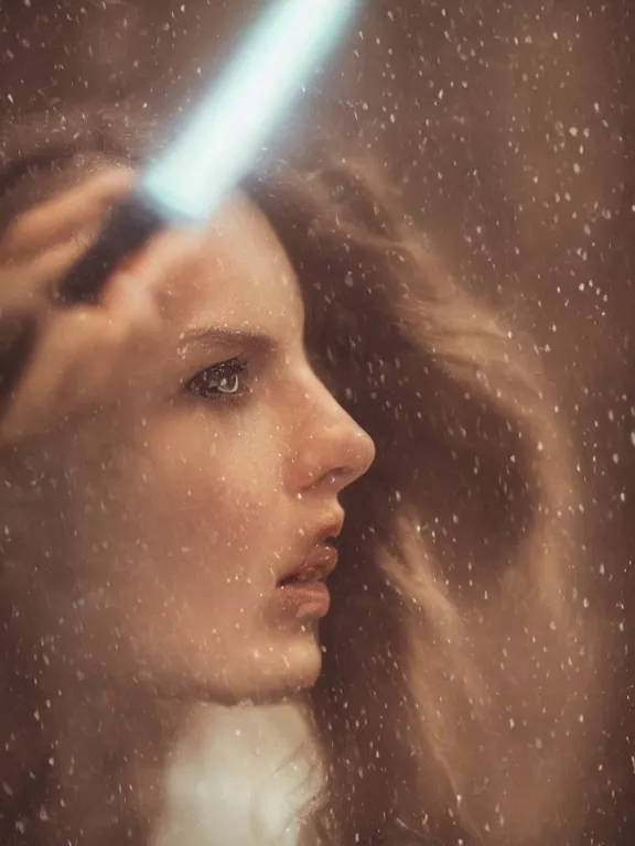 Image similar to cute model annie leonhart holding a lightsaber, beautiful face, detailed face, realistic eyes, pale skin, rule of thirds, cinematic lighting, rainy weather, melancholy atmosphere, volumetric light, realistic reflections, sharp focus, backlit, model agency, instagram photo, shot on sony a 7 iii, beauty filter, postprocessing