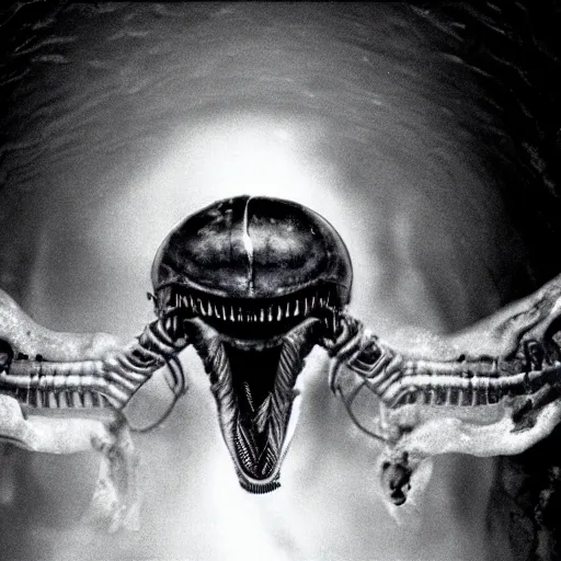 Image similar to xenomorph in ice cavern, close up photo, creepypasta, monochromatic
