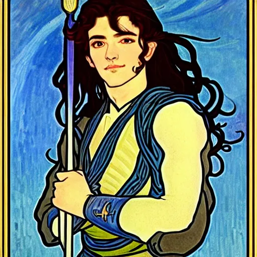 Image similar to painting of young handsome beautiful paladin elf!! man with long! wavy dark hair in his 2 0 s named shadow taehyung minjun at the blueberry party, wearing armor!, elegant, clear, painting, stylized, delicate, soft facial features, art, art by alphonse mucha, vincent van gogh, egon schiele,