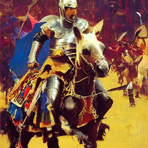 Image similar to mel gibson as rider with couched jousting lance, medieval helmet, colorful caparisons, chainmail, detailed by greg manchess, craig mullins, bernie fuchs, walter everett