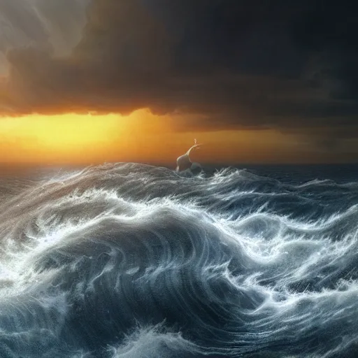 Image similar to a matte painting of a marble, cracking Poseidon riding up from a stormy sea at sunset