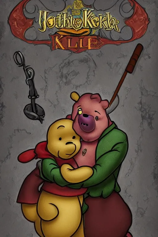 Image similar to Gothic Winnie the Pooh killer with pistol and jade jewelry painted on tarot card, digital art, high detailed, trending on artstation