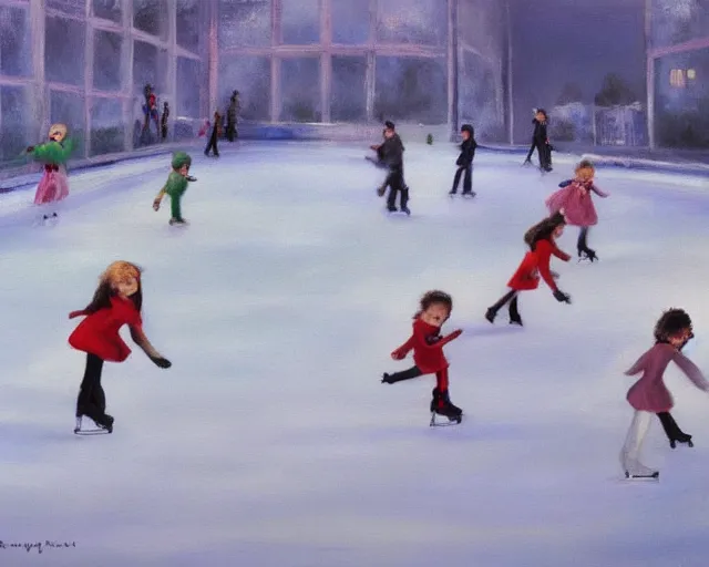 Prompt: Children ice skating. Oil painting by Lisa Yuskavage.