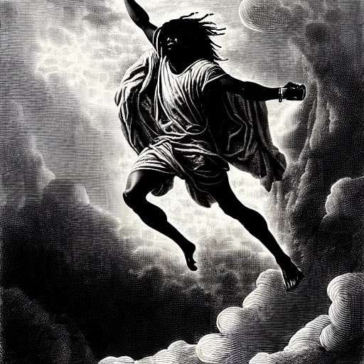 Image similar to cheef keef ascending into heaven holding cough syrup, biblical image, style of gustave dore, highly detailed, beautiful, high contrast, black and white