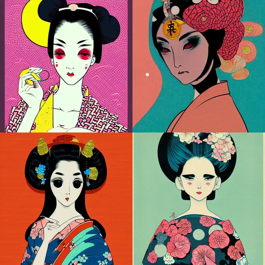 Prompt: beautiful vogue geisha by hokusai, hikari shimoda, shinsui ito, classic shoujo, in the style of 6 0 s pop art, fantastic planet, minimalist poster art, screen print texture, pastel colors, gothic, retrofuturism, icon, skull