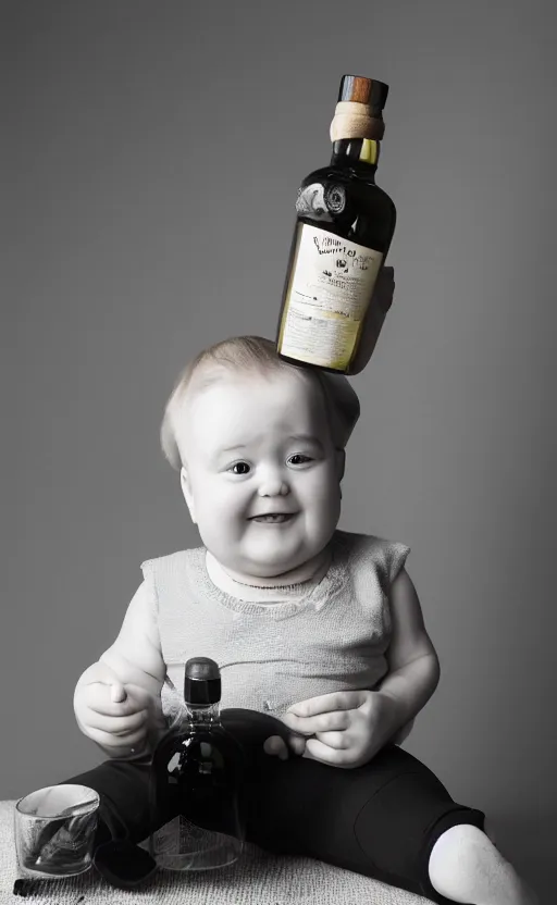 Prompt: fat baby holds a bottle of whisky and shot glass, studio photo