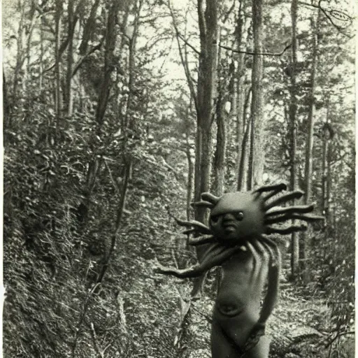 Image similar to hand-like creature in the woods, 1900s picture