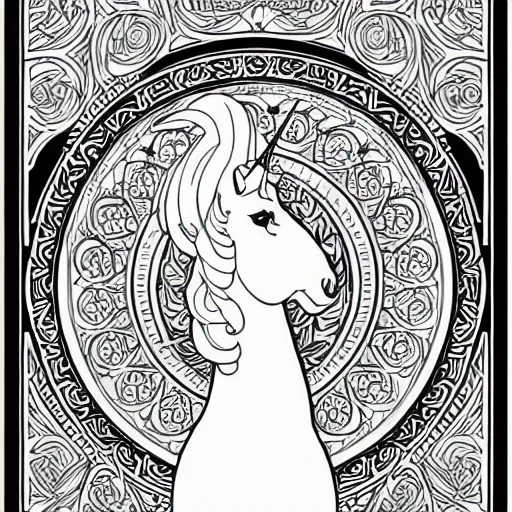 Prompt: clean simple line art of a beautiful elegant unicorn. no background. well composed, clean coloring book page. coloring book line art by artgerm and greg rutkowski and johanna basford and alphonse mucha