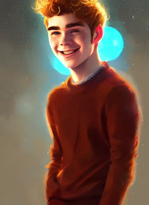 Image similar to portrait of teenage archie andrews, freckles, curly middle part haircut, curly hair, smiling kindly, intricate, elegant, glowing lights, highly detailed, digital painting, artstation, concept art, smooth, sharp focus, illustration, art by wlop, mars ravelo and greg rutkowski