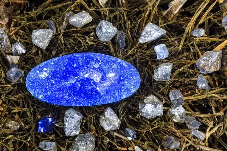 Image similar to huge glowing lazuli mystical crystal inside a dark foggy forest, surrounded by a few other glowing crystals