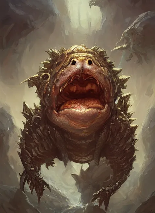 Image similar to cute little anthropomorphic piranha eater wearing canyon crown, tiny, small, miniature animal, baby animal, short, pale black armor, cute and adorable, pretty, beautiful, DnD character art portrait, matte fantasy painting, DeviantArt Artstation, by Jason Felix by Steve Argyle by Tyler Jacobson by Peter Mohrbacher, cinematic lighting