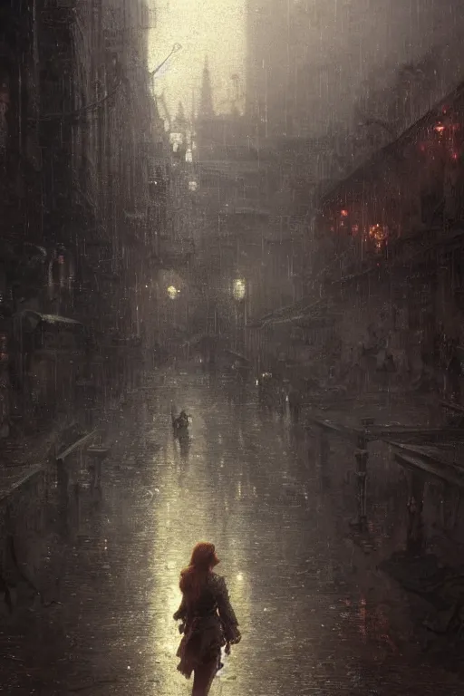 Prompt: Triss Merigold at night during rain, moody scene, highly detailed, intricate, sharp details, dystopian mood, 1950 scene by gaston bussiere, craig mullins, somber lighting, drawn by Giacomo Burattini, inspired by graphic novel cover art