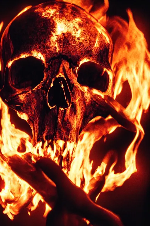 Prompt: photograph of a skull burning while being held up by a skeletal hand photorealistic, hyperdetailed, volumetric light, cinematic, f 8 aperture