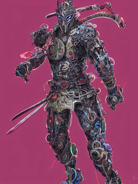 Image similar to full body front view portrait of natural, bio - mechanical ninja samurai, nature and cyber, character design, correct anatomy, concept art, digital illustration, ray tracing, ultra detailed, fantasy, neon lighting, intricate and highly detailed, coloured with lots of colour, pose, fantasy, sharp focus,