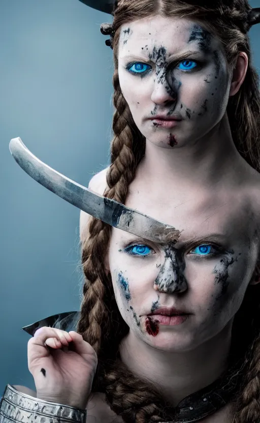 Image similar to photorealistic portrait of female viking warrior with black hair and bloody nose, blue eyes, porcelain skin, shoulders, determined