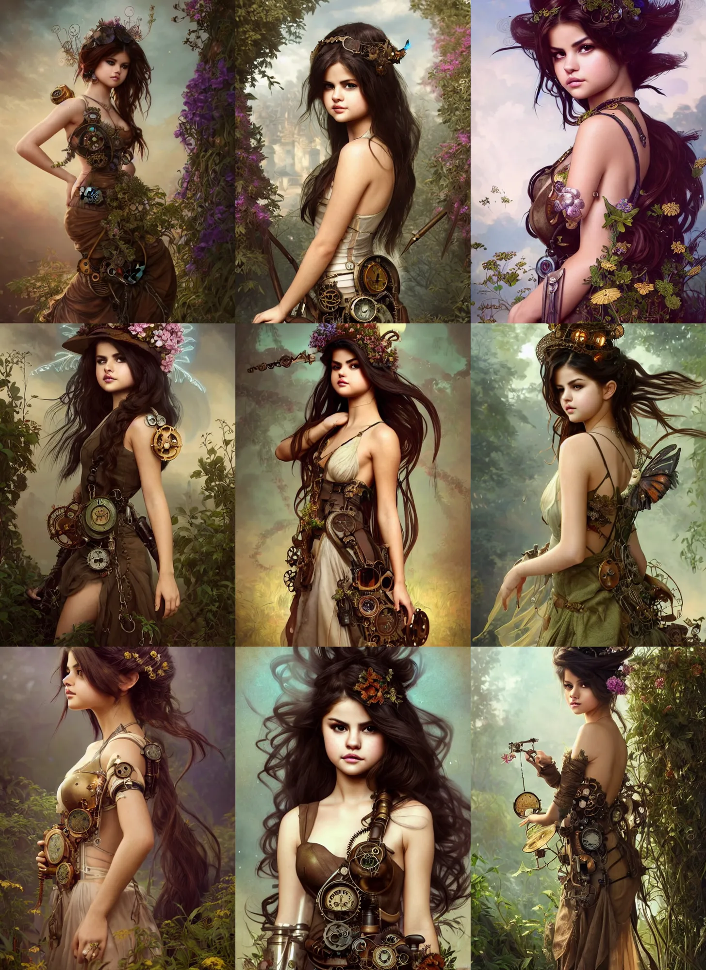 Prompt: beautiful steampunk nature nymph selena gomez in a simple dress, herbacious and steampunk decoration, flowy hair, intricate details, portrait full body, fashion shoot, cinematic lighting, photorealistic, octane render, 8 k, art by greg rutkowski and artgerm and alphonse mucha and huang guangjian and taras susak, artstation