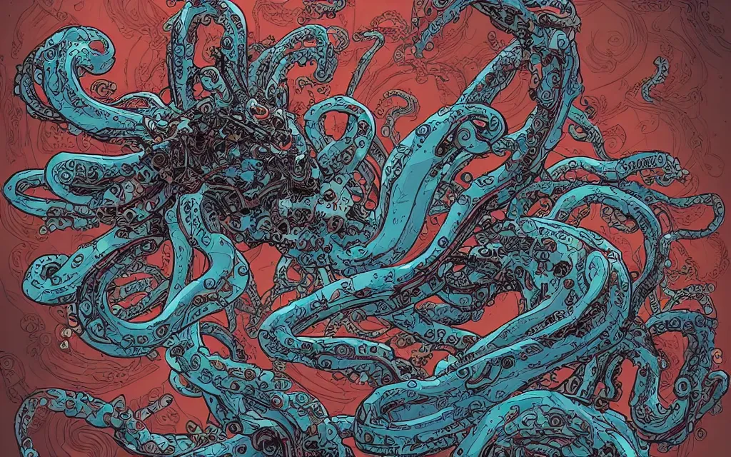 Image similar to biomechanical flying octopus, in the style of james jean and laurie greasley, dynamic composition, dramatic lighting, ultra detailed, nitro colors