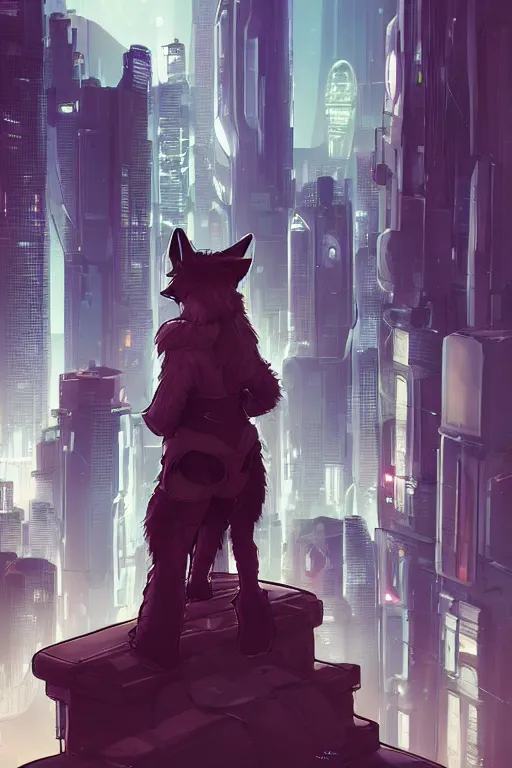 Image similar to a cyberpunk anthropomorphic fox with a fluffy tail staring over a futuristic city from the top of a roof, comic art, trending on furaffinity, cyberpunk, backlighting, cartoon, by kawacy