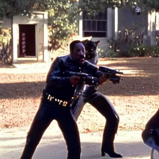 Prompt: a still of the cats gunfighting from the buddy cop movie beverly hills cat 2, with eddie murphy