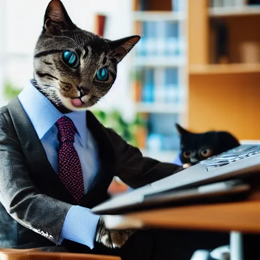 Image similar to photo of an anthropomorphic cat wearing a business suit using a computer in an office