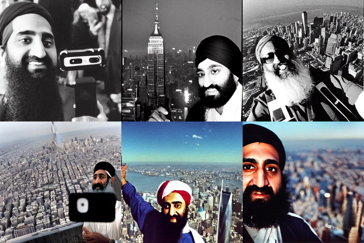 Prompt: a front camera picture of Osama Bin Laden taking a selfie from the top of the empire state building 1990