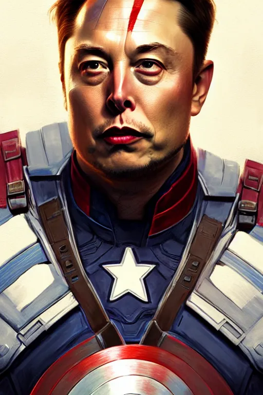 Image similar to elon musk as captain america, portrait, highly detailed, digital painting, artstation, concept art, smooth, sharp focus, illustration, cinematic lighting, art by artgerm and greg rutkowski and alphonse mucha