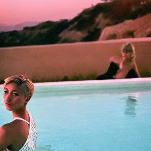 Image similar to a realistic portrait of a beautiful woman with short messy blond hair, look like model, wearing diamond earrings and necklace and rings, swimming in the pool, skinny, sunset, los angeles landscape on background, 1 9 7 0 film photography, john martin style