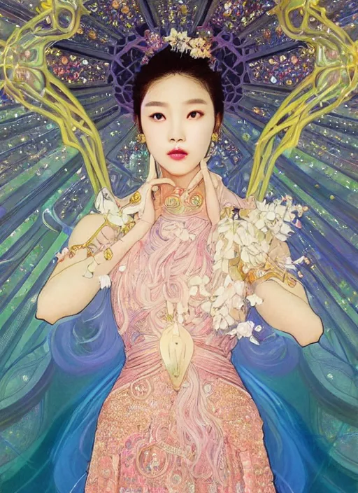 Prompt: Kim Ji-soo from Blackpink as magical celestial princess wearing luxurious futuristic chic slim pearlescent dress, bright gold eyes, peaceful expression, fantasy, intricate pink and royal blue dress, captivating, seductive look, accurately portrayed, portrait art by James Jean and Alphonse mucha, highly detailed, digital painting, concept art, illustration, multiversal paradise shining rgb luxurious lights, trending on artstation, very detailed, smooth, sharp focus, octane render, close-up