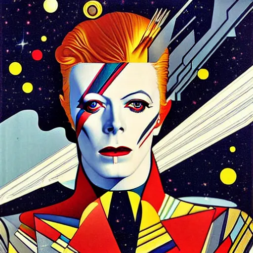 Image similar to Art by Coles Phillips, David Bowie as Space Commander Zeta from the Year 3000, Mucha, Kandinsky