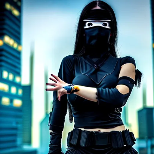 Image similar to photo of a real-life beautiful cyberpunk female ninja