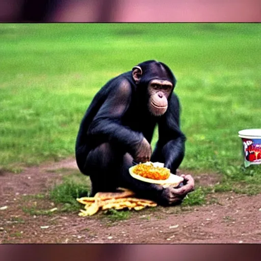 Image similar to 2 4 0 p footage, 2 0 0 6 youtube video, low quality photo, chimpanzee getting taco