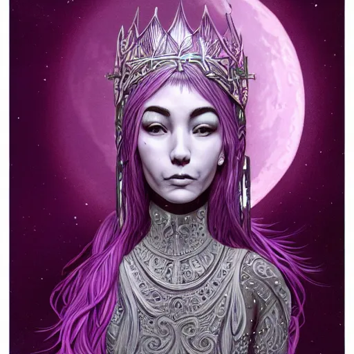 Prompt: portrait of hannah fierman as young slim mighty prophetess of the moon, silver filigree armor and tiara, moon above head, purple hair, translucent skin, large striking eyes, beautiful! coherent! by brom, by junji ito, strong line, high contrast, muted color