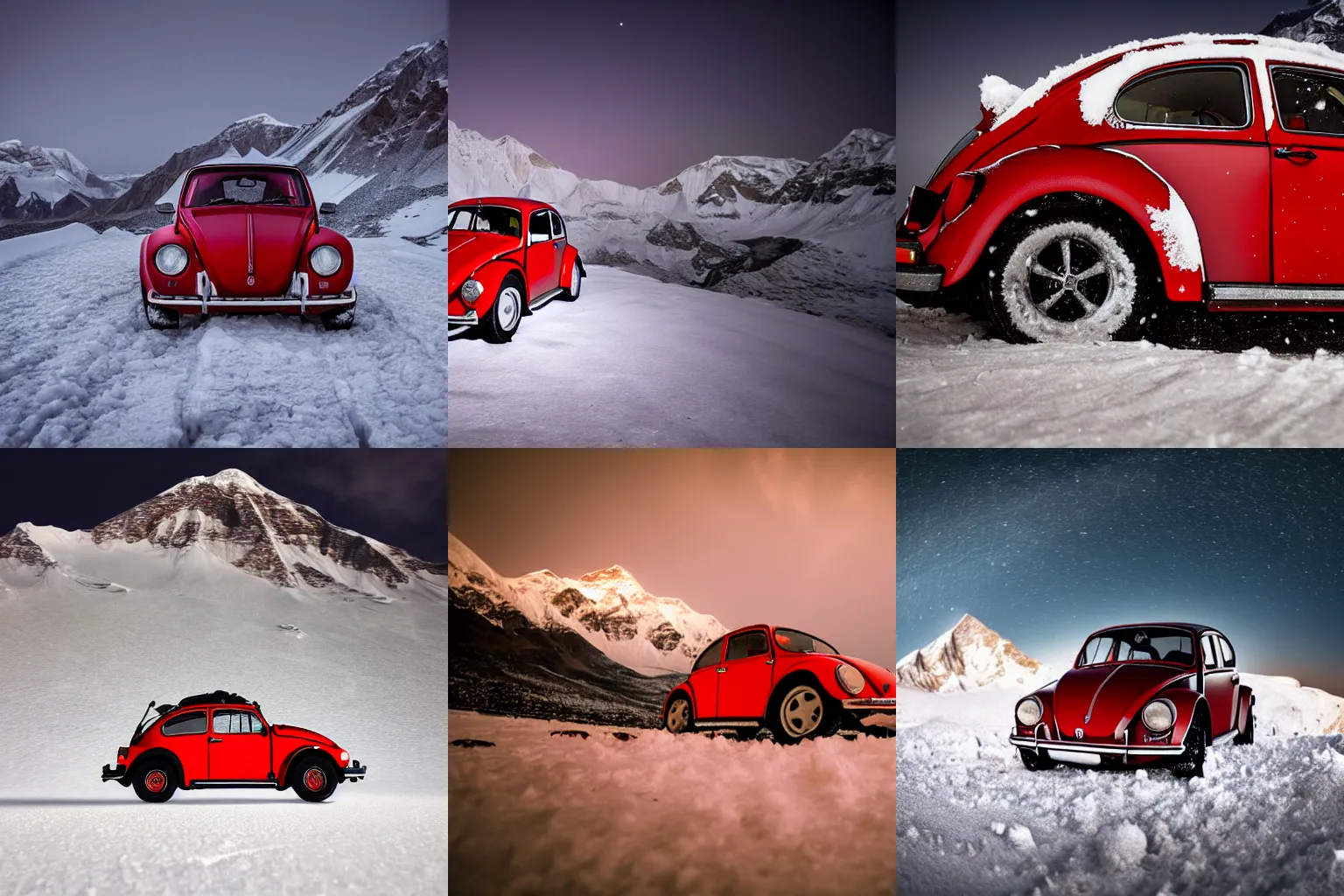 Prompt: extreme long shot of a snowy red 1970 vw beetle standing on mount everest at night, bright headlights, award winning photo, snow, high detail, desolate, atmospheric, 8k