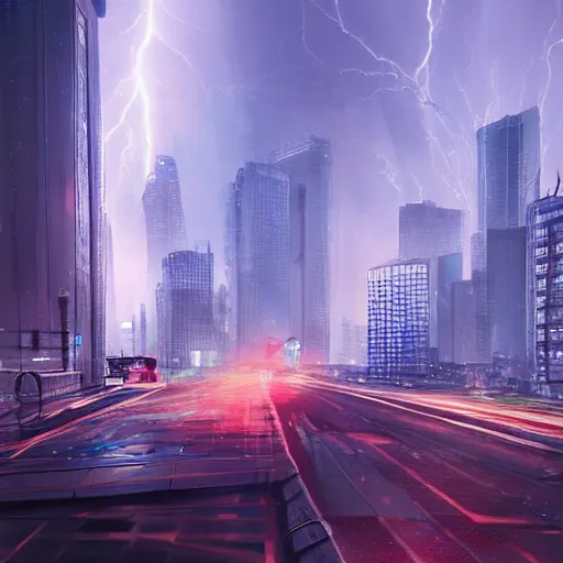 Image similar to cityscape during a lightning storm, futuristic, 8k, ray tracing, volumetric lighting, james verbicky, professional, concept art, artstation hd, trending on social media,