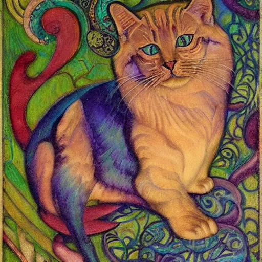 Prompt: ornate mechanical cat, by annie swynnerton and diego rivera and nicholas roerich and jean delville, symbolist, dramatic lighting, elaborate geometric ornament, art brut, colors are soft greens and blues and purple, smooth, sharp focus, extremely detailed, adolf wolfli and ( donato giancola )