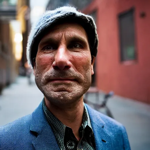 Prompt: closeup portrait of a snake oil salesman in a smoky new york back street, photograph, magazine, press, photo, Steve McCurry and David Lazar, CANON Eos C300, ƒ1.8, 35mm, 8K