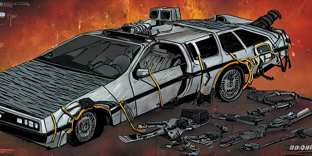 Image similar to a rusty delorean in the style of madd maxx with attached weapons