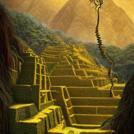 Image similar to intricate stunning highly detailed illustration of the inca lost city of gold, red 🌱, by agostino arrivabene and vladimir kush, blood blood blood rivers running through stairs, surreal, digital painting, ultra realistic, dramatic lighting, twisted vines, lush plants, gold, inca, pristine water, artstation