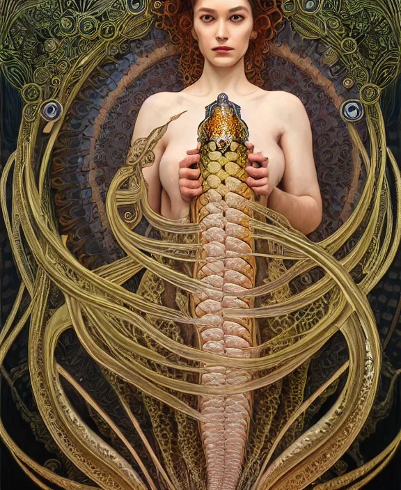 Image similar to intricate ornate opulent transparent clear see - through portrait of a scary beautiful snake, fractal, recursive, procedural, jungle environment, ultra realistic, concept art, art nouveau, photorealistic, octane render, 8 k, unreal engine. art by nori inoguchi and sam kaplan and zachary goulko and christopher marley and artgerm and alphonse mucha