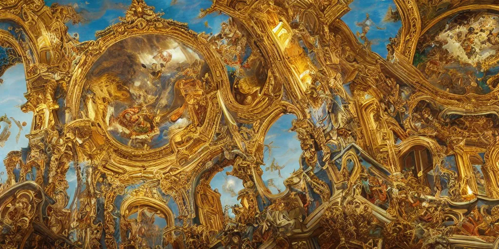 Image similar to beautiful ornate heavenly marble and gold rococo megastructure in the style of heironymus bosch, colorful light intricate masterpiece, hyper detailed, hd