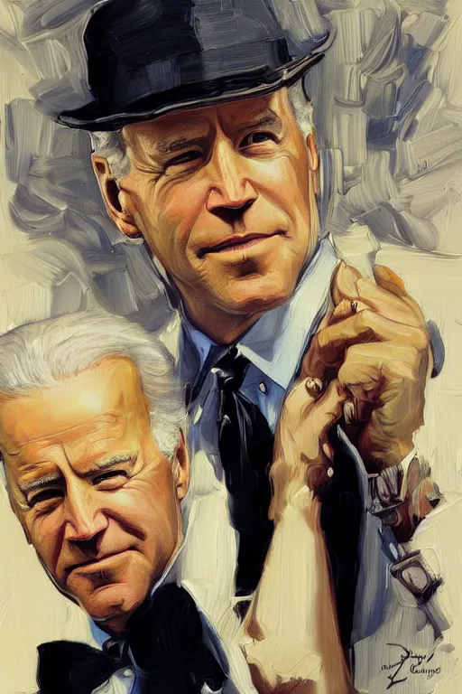 Image similar to joe biden and jeffrey epstein, painting by jc leyendecker!! phil hale!, angular, brush strokes, painterly, vintage, crisp