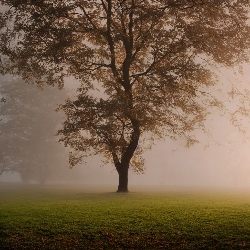 Image similar to A tree growing on a meadow partially covered with morning fog, with leaves divided in four seasons of the year, with tree hollow, with rope ladder, cinematic lighting, photo realistic image, 4K, super detailed, cinematic look