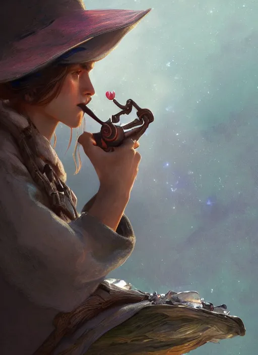 Image similar to asymmetrical!! long shot of a snufkin smoking a pipe, nebula, intricate, elegant, highly detailed, digital painting, artstation, biolusence, concept art, smooth, sharp focus, illustration, art by artgerm and greg rutkowski and alphonse mucha, horizon zero dawn 8 k