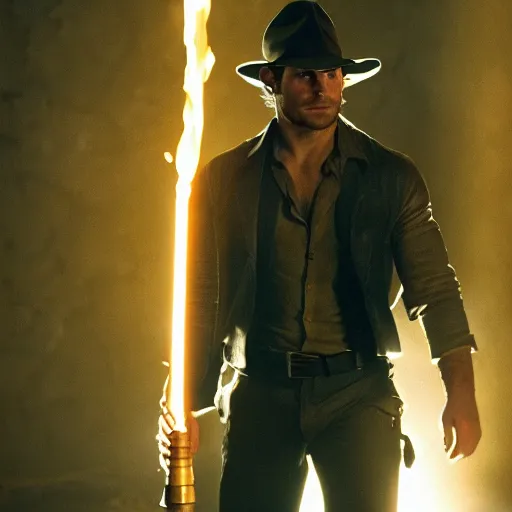 Image similar to still of Henry Cavill as Indiana Jones with a torch in a secret antic room, centred, full body, focused, cinematic light, by Steven Spielberg, eighties movie, 4K, detailed