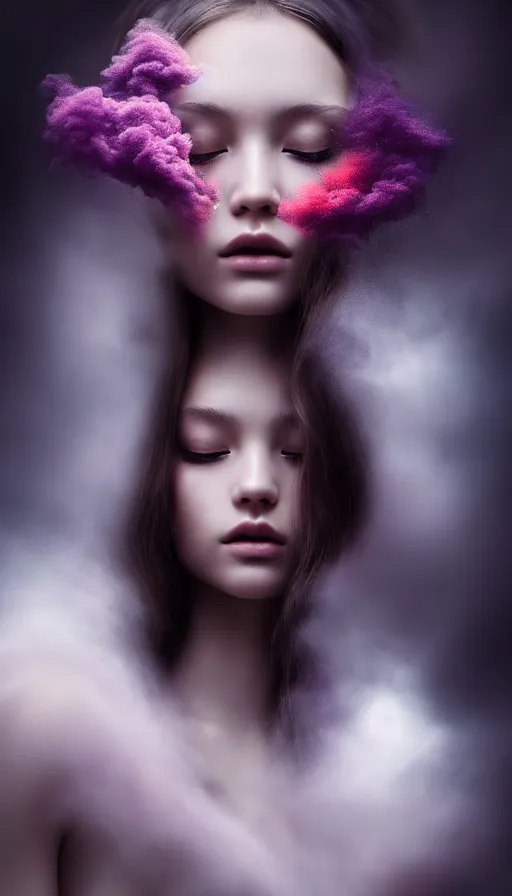 Image similar to photo of eternal peace, a gorgeous young girl , searching for eternity, dark forest in the style of stefan kostic, realistic, sharp focus, 8k high definition, high fashion, vogue, insanely detailed, soft light, colorful smoke, intricate, elegant, art by stanley lau and artgerm, sigma 85mm art