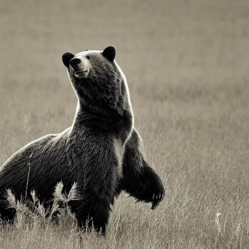 Image similar to a photo of a bear in a field. Jerome Powell is sitting on top of the bear.